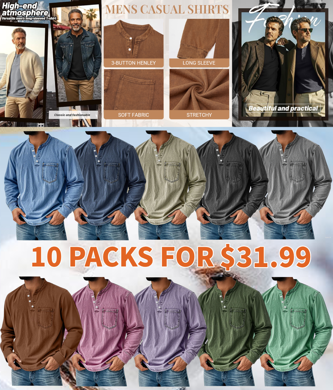 💫Clearance Sale🔥10-PACK FOR $32.99🔥Men's Retro Stand Collar Pocket Casual Distressed Long Sleeve Henley Shirt