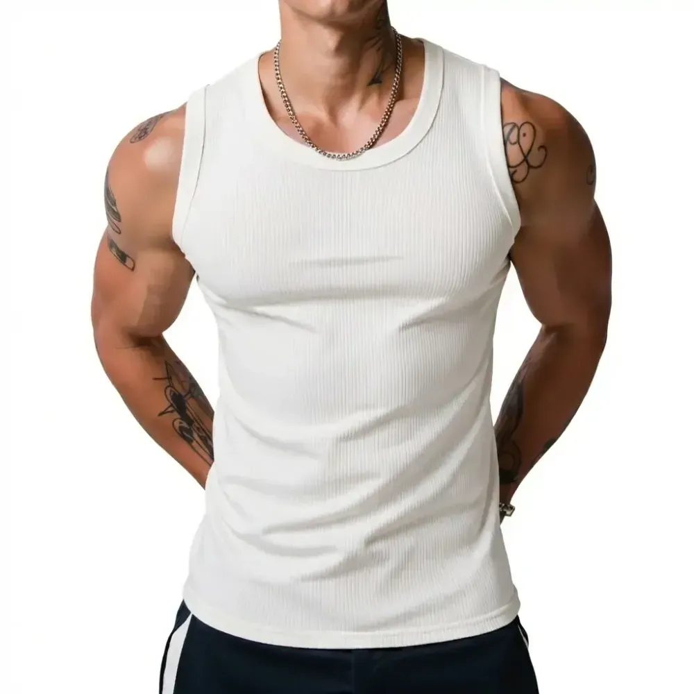 Men’s Wide Strap Ribbed Tank Top, High Stretch Breathable Muscle Tank, Heavyweight Drapey Fit Gym & Casual Sleeveless Shirt