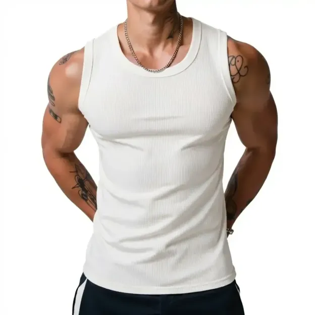 Men’s Wide Strap Ribbed Tank Top, High Stretch Breathable Muscle Tank, Heavyweight Drapey Fit Gym & Casual Sleeveless Shirt