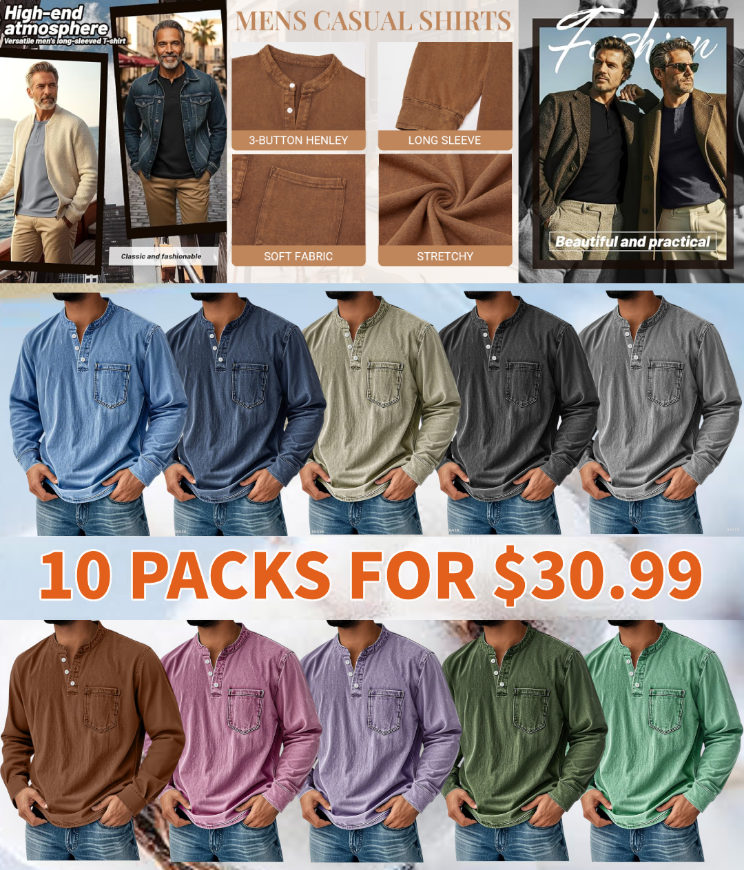 💫Clearance Sale🔥10-PACK FOR $30.99🔥Men's Retro Stand Collar Pocket Casual Distressed Long Sleeve Henley Shirt