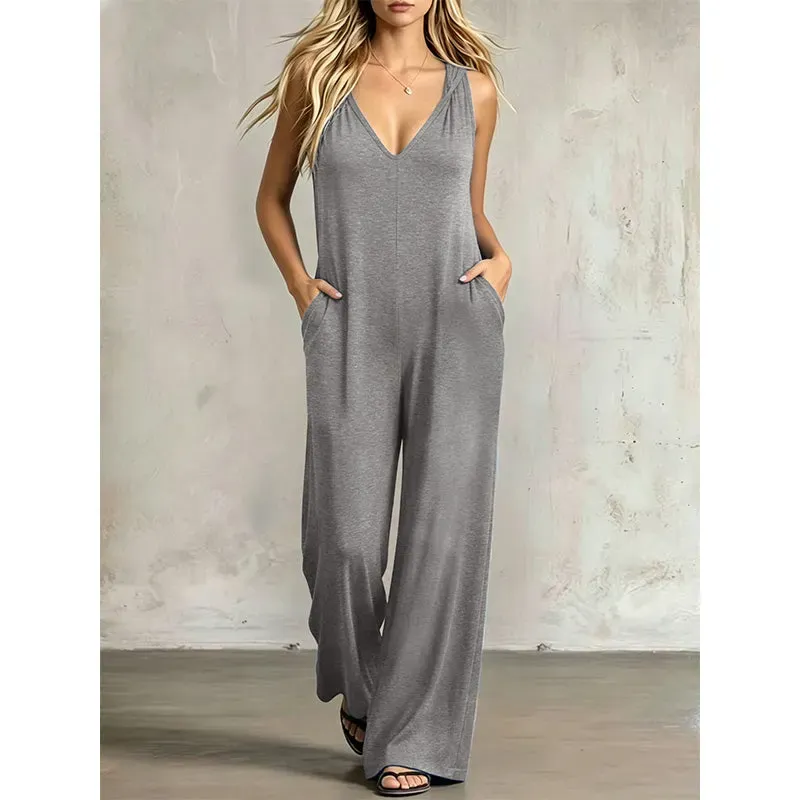 👗 90% OFF NOW! 🌊 Women's Effortless Summer V-Neck Jumpsuit – Relaxed Wide Leg, Deep Side Pockets & Attached Hood – Beach to Dinner Ready ☀️