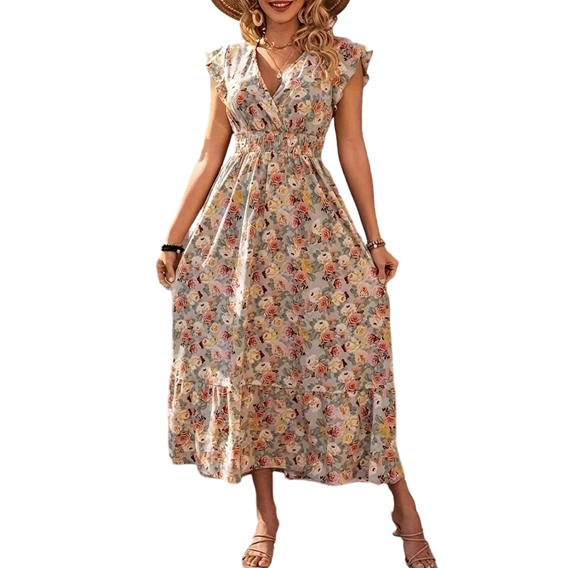 📢📢90% OFF !! ⏰Women's Floral V-Neck Smocked Waist Dress