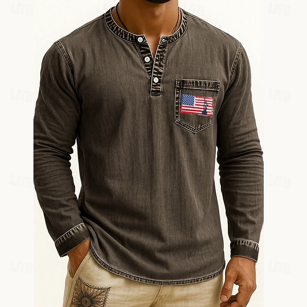 Men's Henley Shirt Tee Tee Top Long Sleeve Shirt Long Sleeve Henley Fall Winter Flag Retro Fashion Designer Fashion Vintage Vacation Street Going out Dark Brown Navy Black Top Tee for Men 2025 - $35.99 –P1