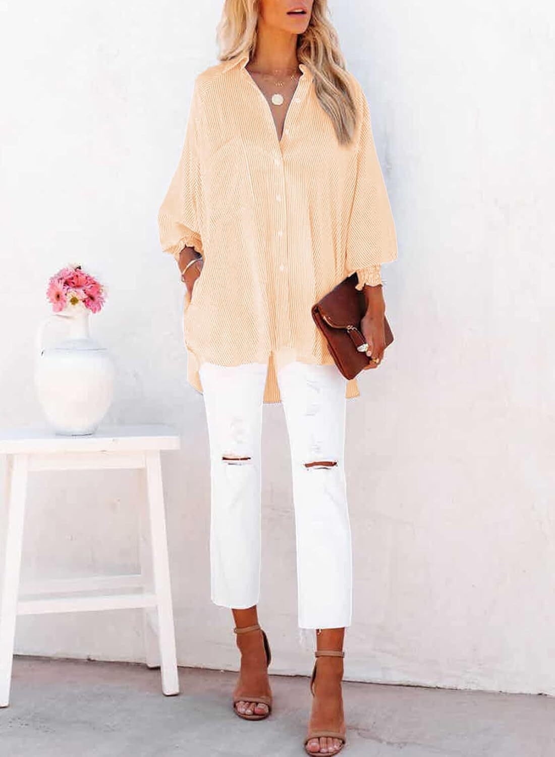 Women's Smocked Cuffed Striped Boyfriend Shirt with Pocket Casual Collar Long Sleeve Blouse Tops for Pocket Shirred