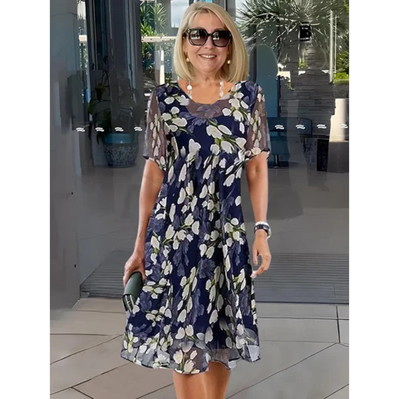 💎 90% OFF! 💎 Short-Sleeved A-Line Evening Dress – Elegant Floral Print, Double-Layer Chiffon & Flattering Knee-Length Cut 👗💙