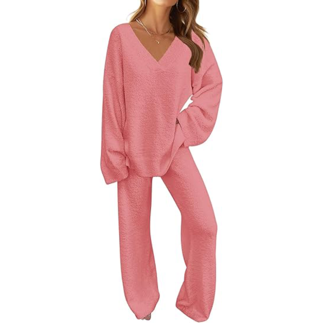 Women's 2 Piece Outfits Fuzzy Fleece Pajama Set Long Sleeve Top Wide Leg Pants Loungewear