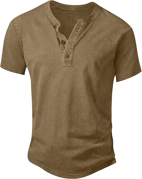 Men’s Vintage Acid-Wash Henley T-Shirt – 100% Cotton