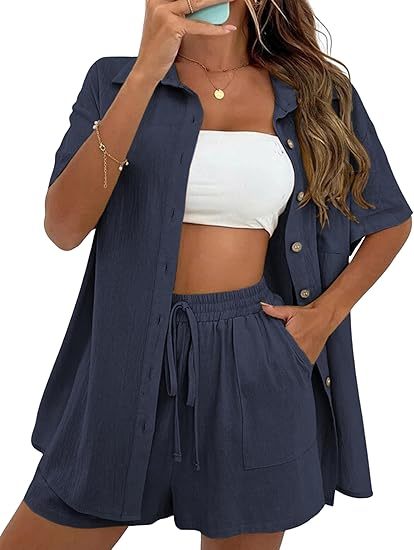 Women Summer Cotton Linen Short Sets 2 Piece Shorts Top Lounge Beach Vacation Two Piece Outfits Tracksuits