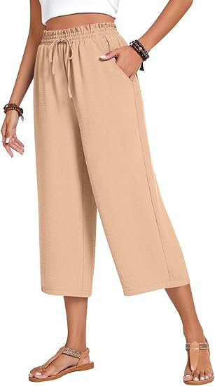 Women’s high-waisted wide-leg casual cropped pants with adjustable drawstring and pockets
