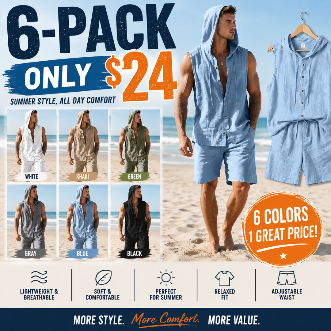 Men's New Summer 2-Piece Set (5-Pack) — Top: Sleeveless hooded button-down shirt; Bottom: Loose-fit drawstring shorts.