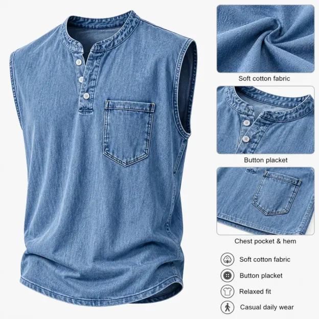 Men's Vintage Stand Collar Casual Pocket Solid Color Sleeveless Henley Vest