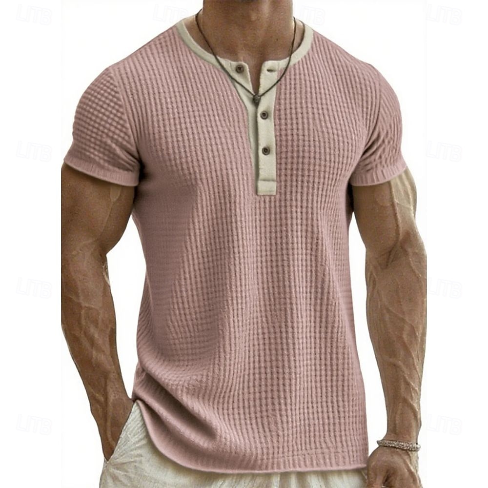 Men's Henley Shirt Tee Tee Top Short Sleeve Henley Summer Fall Retro Fashion Designer Nostalgic Fashion Vintage Vacation Street Going out Black White Pink Top Tee for Men 2025 - HK $172.54 &ndash;P4