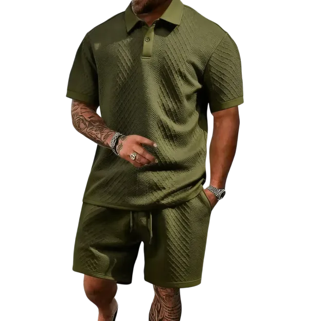 Men's summer casual texture fabric solid color polo shirt T-shirt shorts 2-piece set