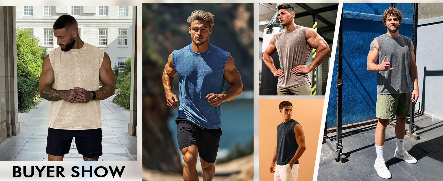 Mens Tank Tops Workout Muscle Gym Sleeveless T-Shirts Casual Acid Wash Summer Beach Cotton Tops