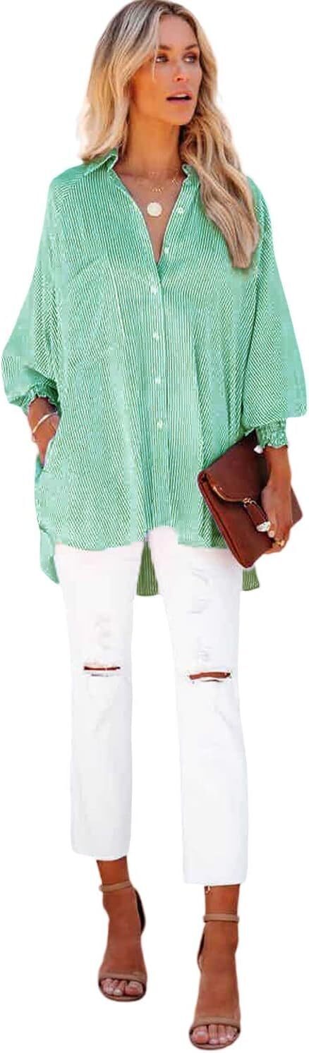 Women's Smocked Cuffed Striped Boyfriend Shirt with Pocket Casual Collar Long Sleeve Blouse Tops for Pocket Shirred