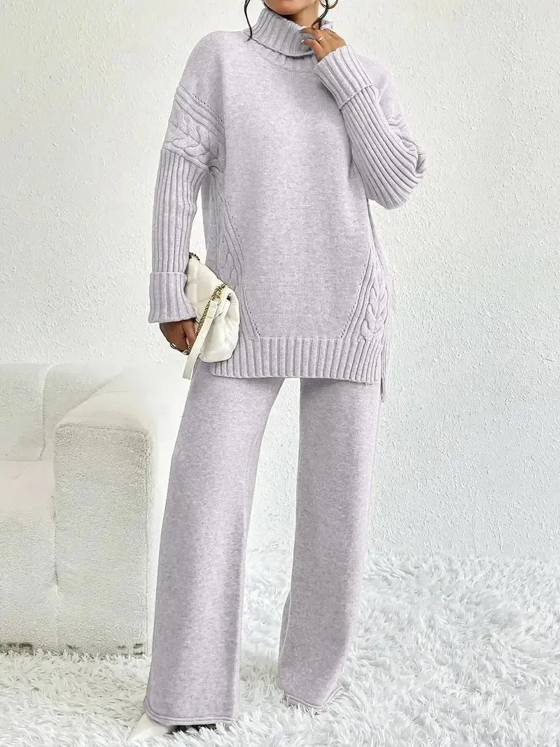 Two-Piece Set Women's Textured Split High Low Hem Sweater & Wide Leg Knitting Pants