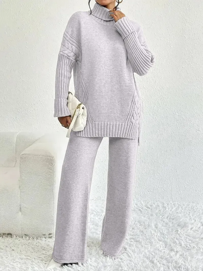 Two-Piece Set Women's Textured Split High Low Hem Sweater & Wide Leg Knitting Pants