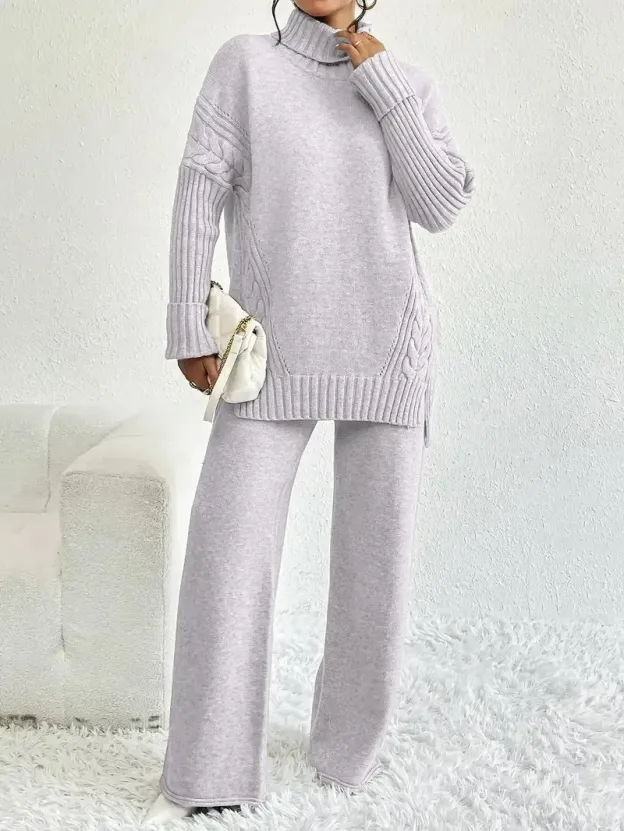 Two-Piece Set Women's Textured Split High Low Hem Sweater & Wide Leg Knitting Pants