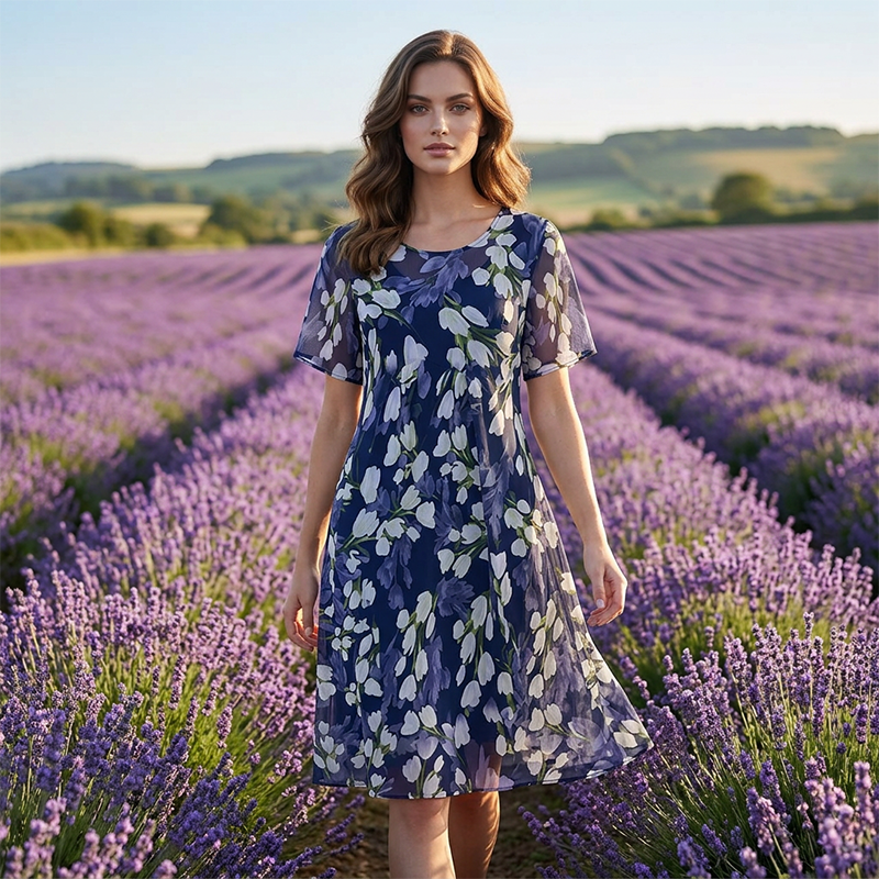 💎 90% OFF! 💎 Short-Sleeved A-Line Evening Dress – Elegant Floral Print, Double-Layer Chiffon & Flattering Knee-Length Cut 👗💙