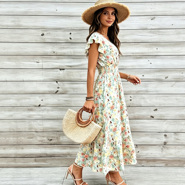 📢📢90% OFF !! ⏰Women's Floral V-Neck Smocked Waist Dress