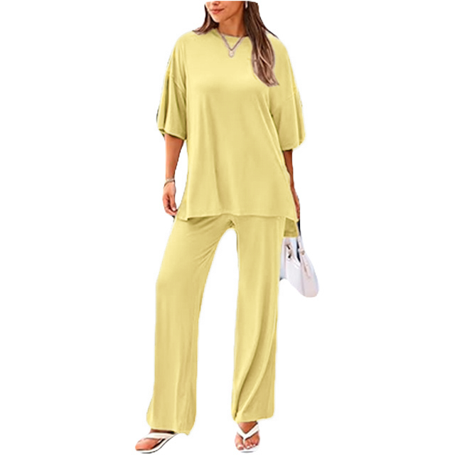 Womens 2 Piece Outfits 2025 Summer Casual Loose Short Sleeve Pullover Tops & Wide Leg Pants Lounge Sets Tracksuit