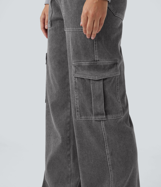 Mid Rise Pockets Straight Leg Casual Cargo Jeans
