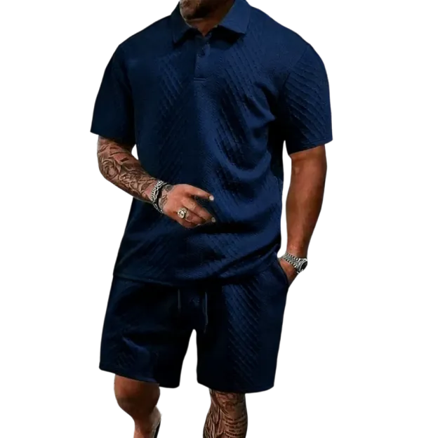 Men's summer casual texture fabric solid color polo shirt T-shirt shorts 2-piece set