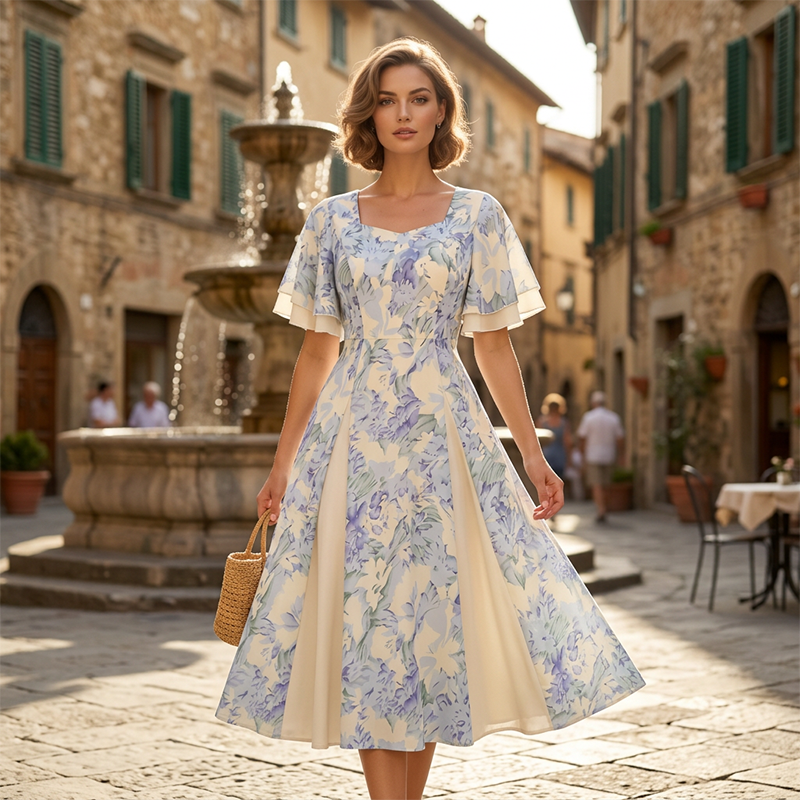 📢📢90% OFF !! ⏰Ethereal Flutter Sleeve Fit-and-Flare Dress