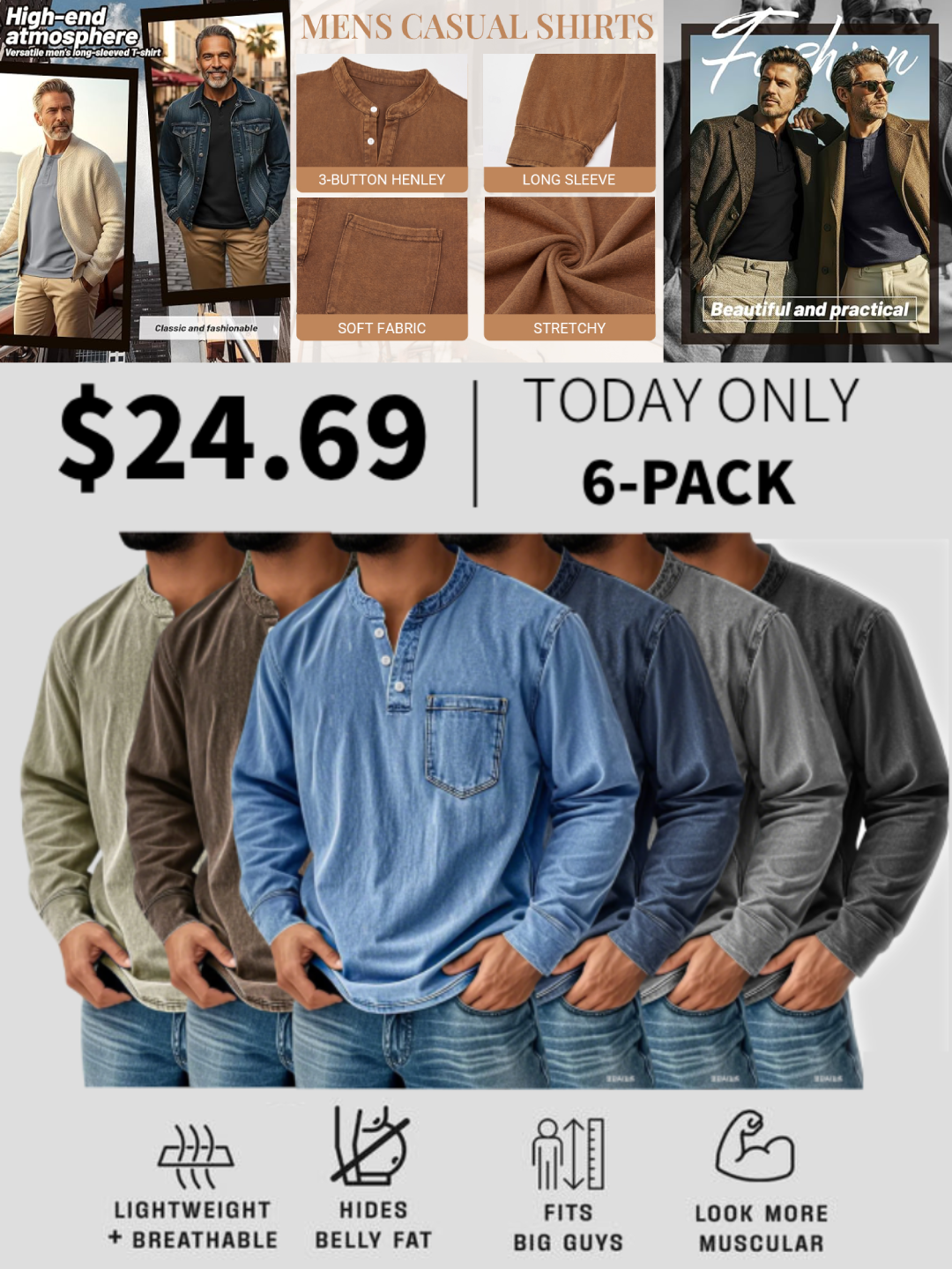 💫Clearance Sale🔥10-PACK FOR $31.99🔥Men's Retro Stand Collar Pocket Casual Distressed Long Sleeve Henley Shirt