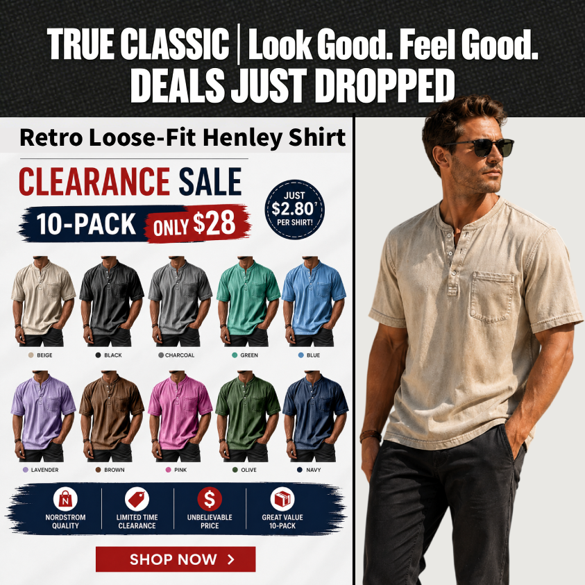  Men's Casual Solid Color Vintage Loose Pocket Short Sleeve Button-down Henley Shirt