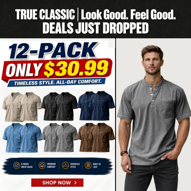  Men's Casual Solid Color Vintage Loose Pocket Short Sleeve Button-down Henley Shirt