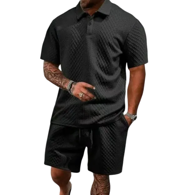 Men's summer casual texture fabric solid color polo shirt T-shirt shorts 2-piece set