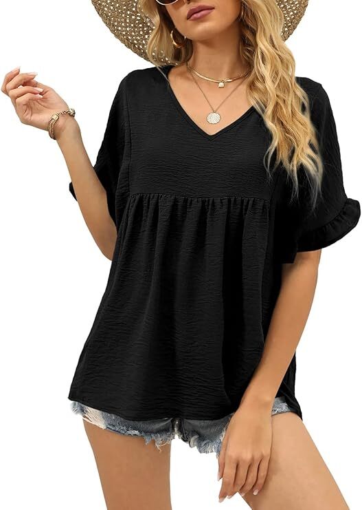 Womens Tops Casual V Neck Ruffle Sleeve T Shirts Babydoll Loose Fit Peplum Tops