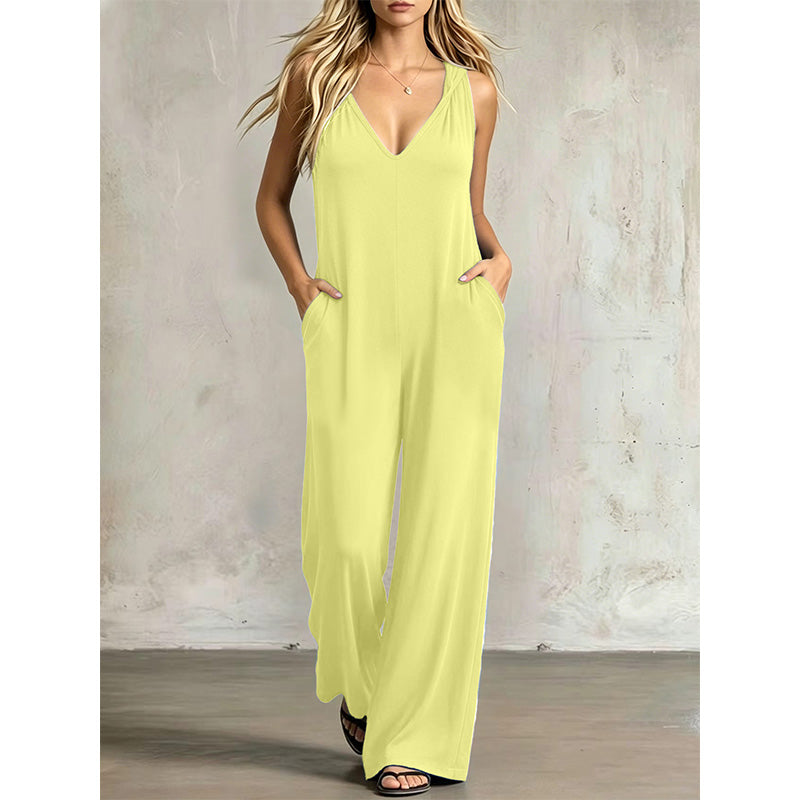 👗 90% OFF NOW! 🌊 Women's Effortless Summer V-Neck Jumpsuit – Relaxed Wide Leg, Deep Side Pockets & Attached Hood – Beach to Dinner Ready ☀️
