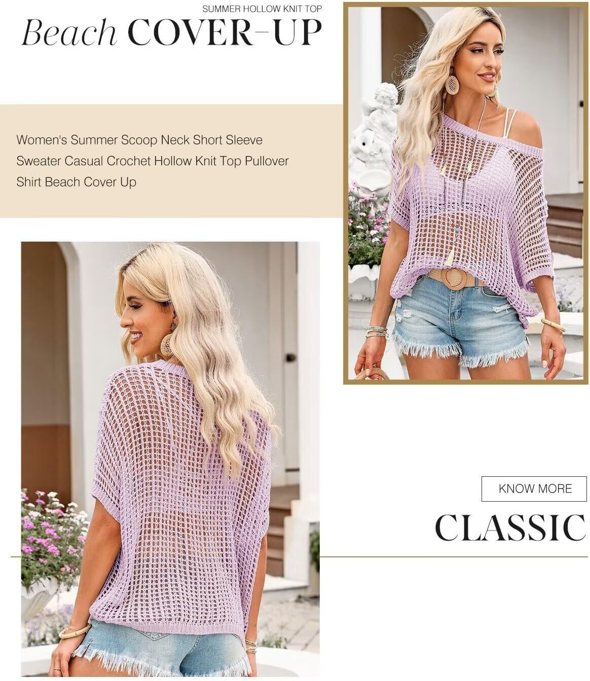 Womens Summer Scoop Neck Short Sleeve Sweater Casual Crochet Hollow Out Knit Tops Pullover Shirts Beach Coverup