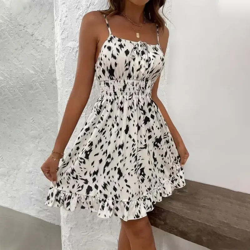 📢📢90% OFF !! ⏰ Tie-Front Smocked Dress – Spaghetti Straps, Ruffle Hem, Flattering Smocked Bodice 🌸