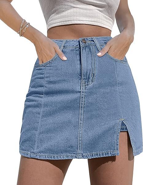 🔥Skorts Skirts for Women Denim Mini Skirt Side Slit with High Waisted Jean Shorts Stretchy