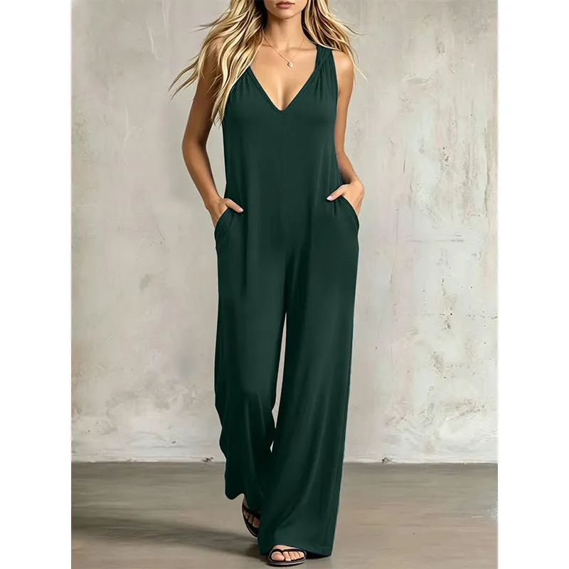 👗 90% OFF NOW! 🌊 Women's Effortless Summer V-Neck Jumpsuit – Relaxed Wide Leg, Deep Side Pockets & Attached Hood – Beach to Dinner Ready ☀️