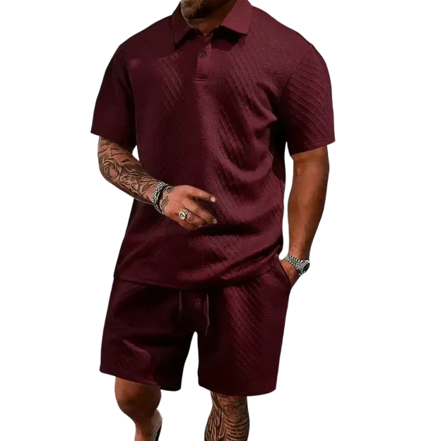 Men's summer casual texture fabric solid color polo shirt T-shirt shorts 2-piece set