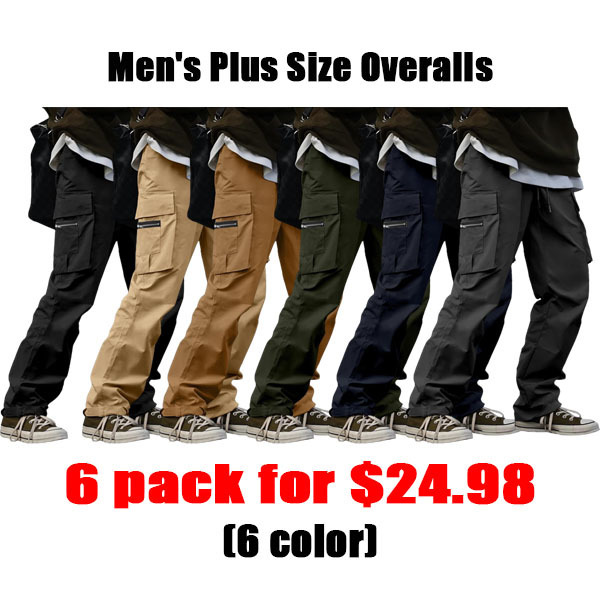 🔥6-PACKS $24.89 Men's Plus Size Casual Solid Color Drawstring Overall