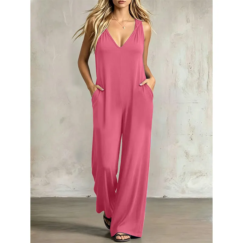 👗 90% OFF NOW! 🌊 Women's Effortless Summer V-Neck Jumpsuit – Relaxed Wide Leg, Deep Side Pockets & Attached Hood – Beach to Dinner Ready ☀️