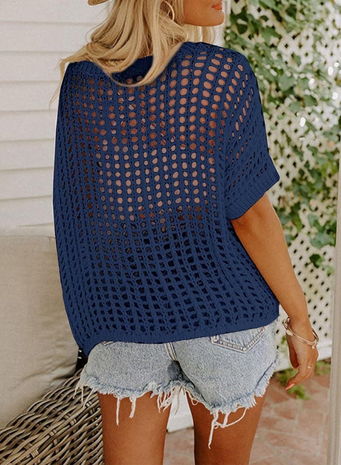 Womens Summer Scoop Neck Short Sleeve Sweater Casual Crochet Hollow Out Knit Tops Pullover Shirts Beach Coverup