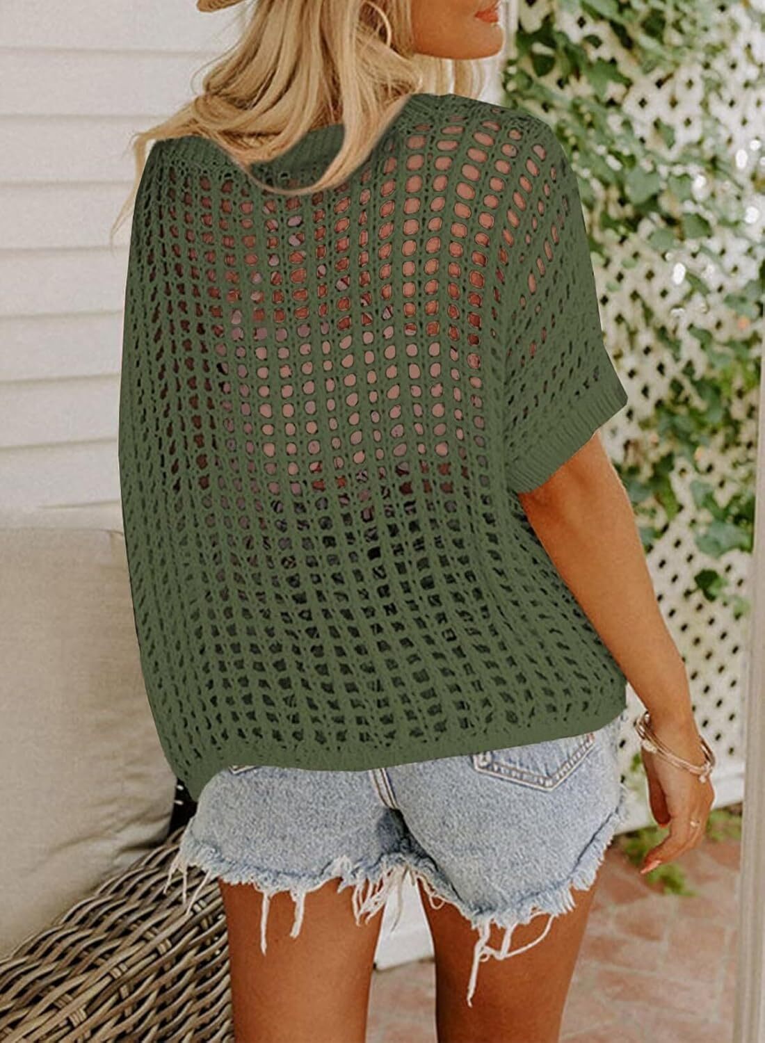 Womens Summer Scoop Neck Short Sleeve Sweater Casual Crochet Hollow Out Knit Tops Pullover Shirts Beach Coverup
