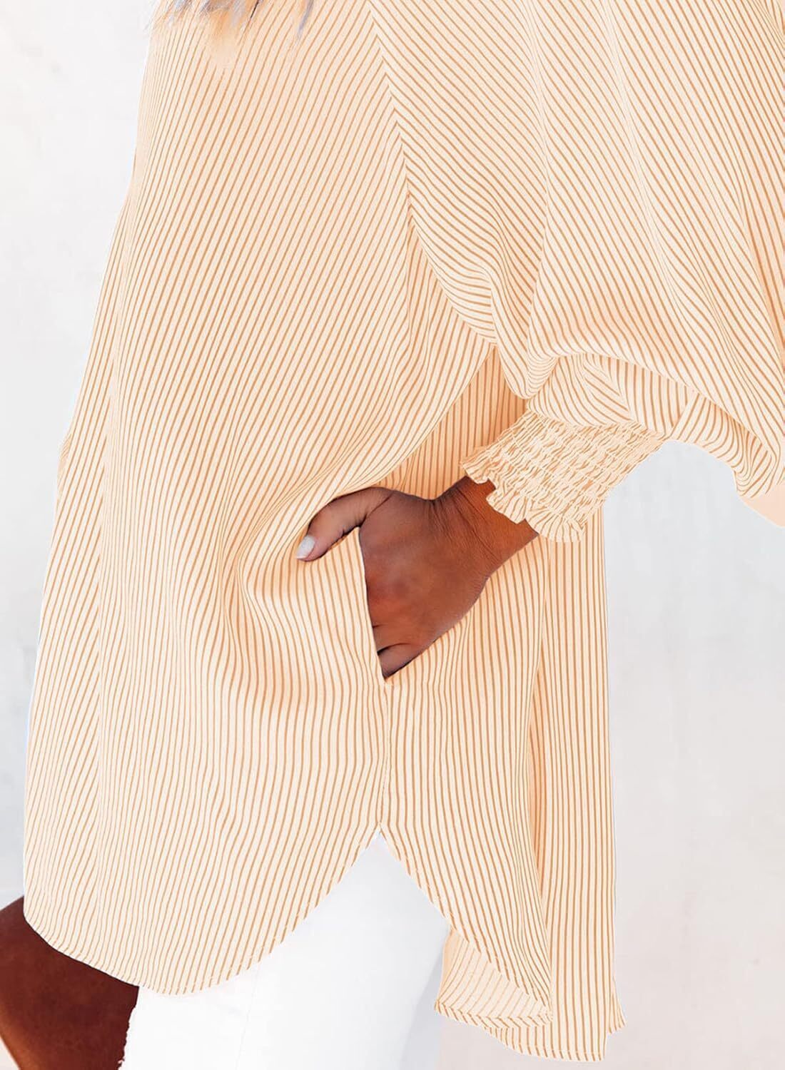 Women's Smocked Cuffed Striped Boyfriend Shirt with Pocket Casual Collar Long Sleeve Blouse Tops for Pocket Shirred