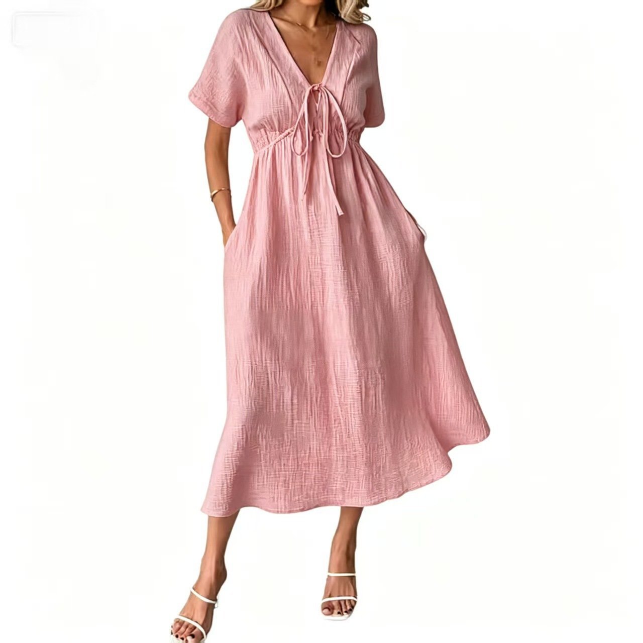 Last Day 89% OFF 🔥Women's Lightweight Summer Cotton Dress V-Neck Bohemian Casual Loose Short Sleeve Drawstring Beach Dress with Pockets