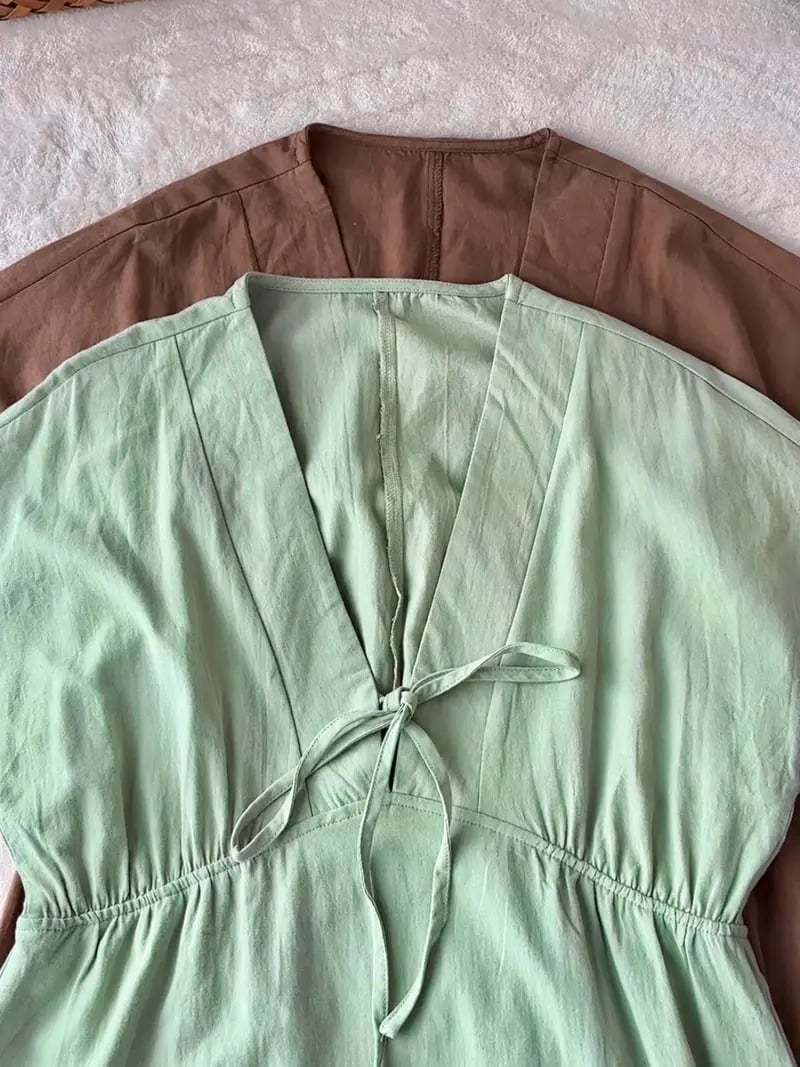Last Day 89% OFF 🔥Women's Lightweight Summer Cotton Dress V-Neck Bohemian Casual Loose Short Sleeve Drawstring Beach Dress with Pockets