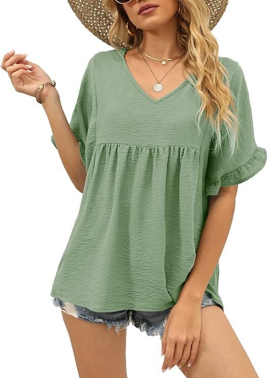Womens Tops Casual V Neck Ruffle Sleeve T Shirts Babydoll Loose Fit Peplum Tops