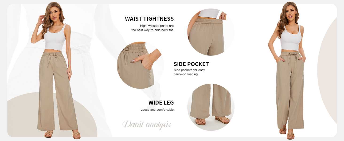 Pantalones de algodón y lino para mujer, cintura con cordón, pierna ancha, pantalones palazzo, ajuste holgado con bolsillos