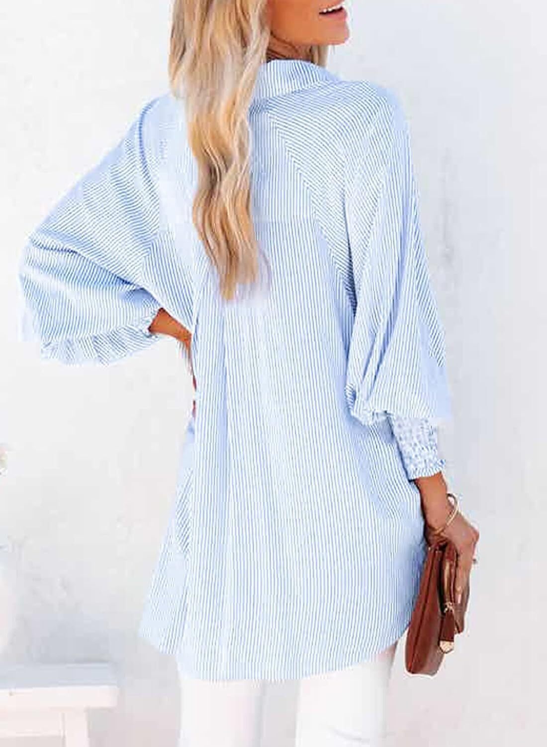 Women's Smocked Cuffed Striped Boyfriend Shirt with Pocket Casual Collar Long Sleeve Blouse Tops for Pocket Shirred