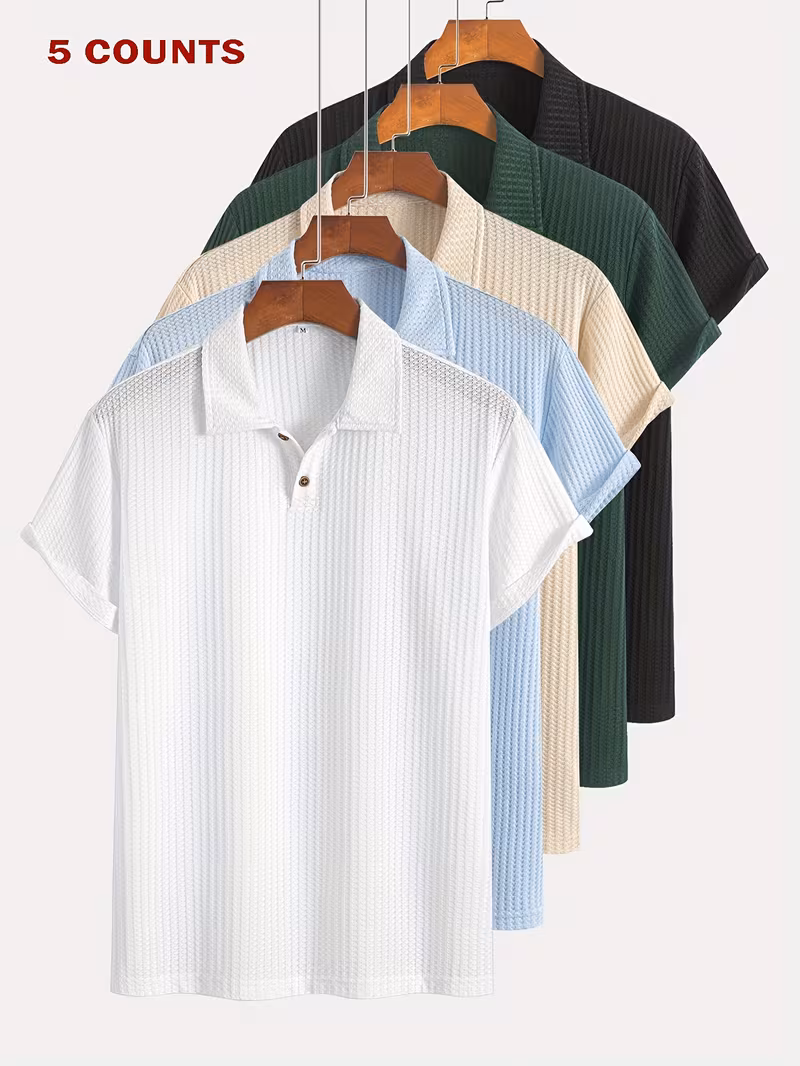 5 summer casual athletic jacquard knit short sleeve shirt set textured short sleeve top 5 pc Product details 0